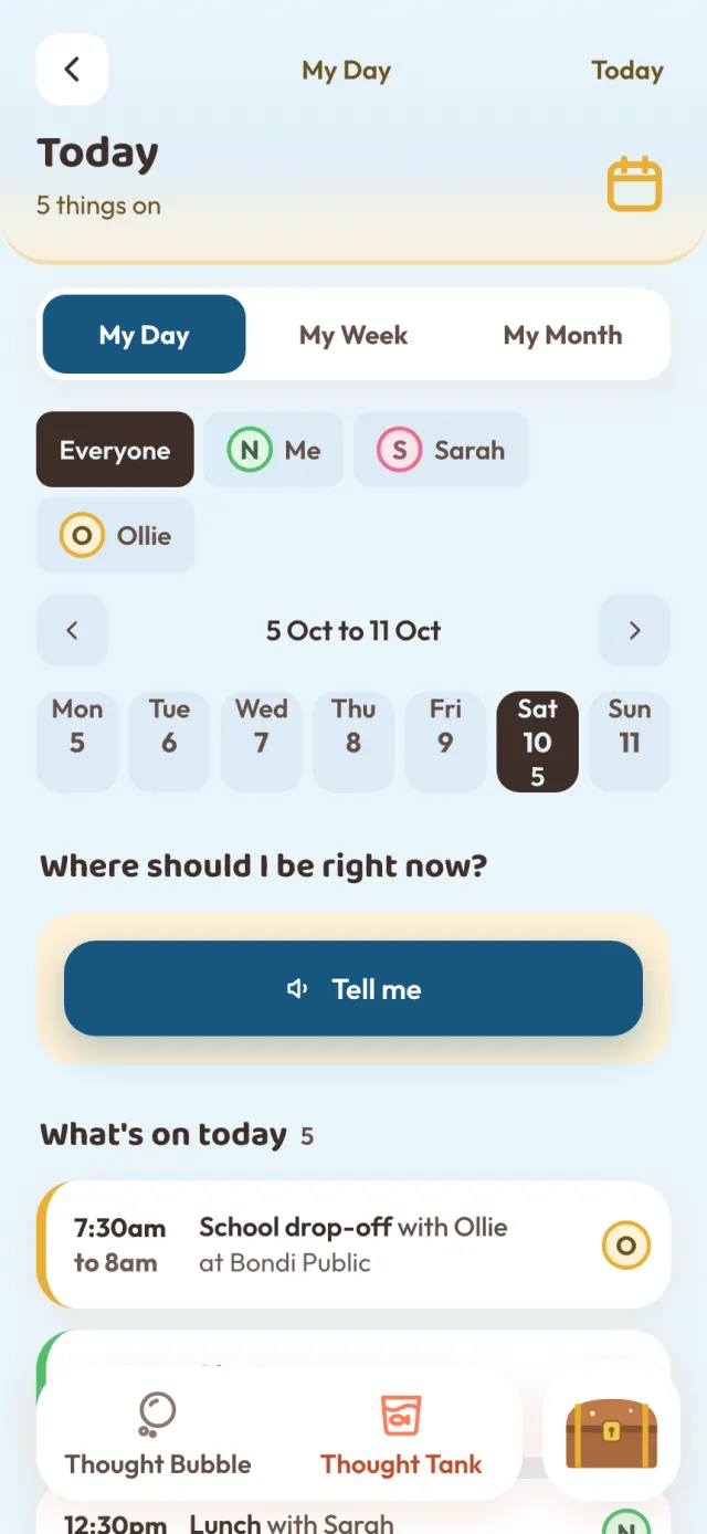 My Day for the family: filters for Everyone, Me, Sarah and Ollie, and what is on today