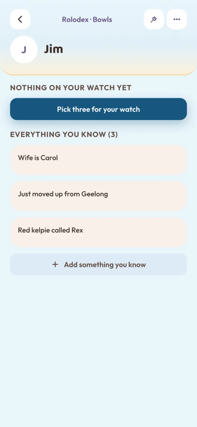 Jim in People, circle Bowls: Wife is Carol. Just moved up from Geelong. Red kelpie called Rex