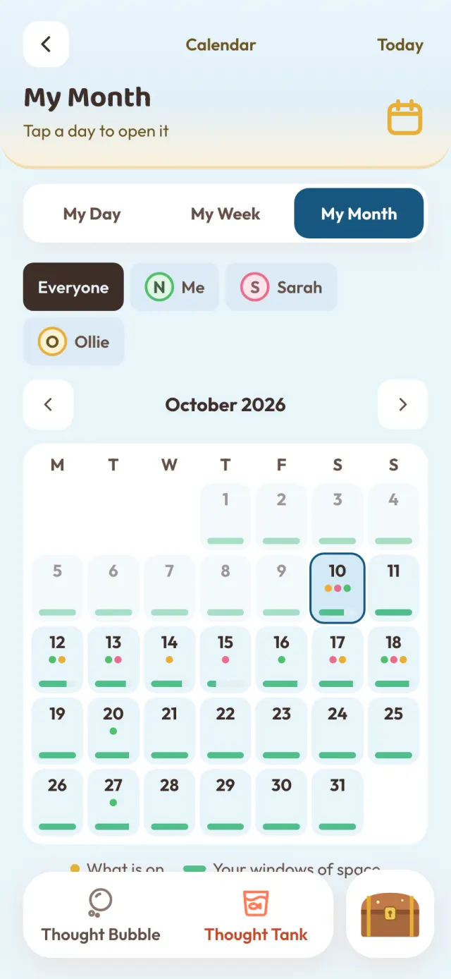 My Month: a coloured dot for each person on each day, and a green bar for free time